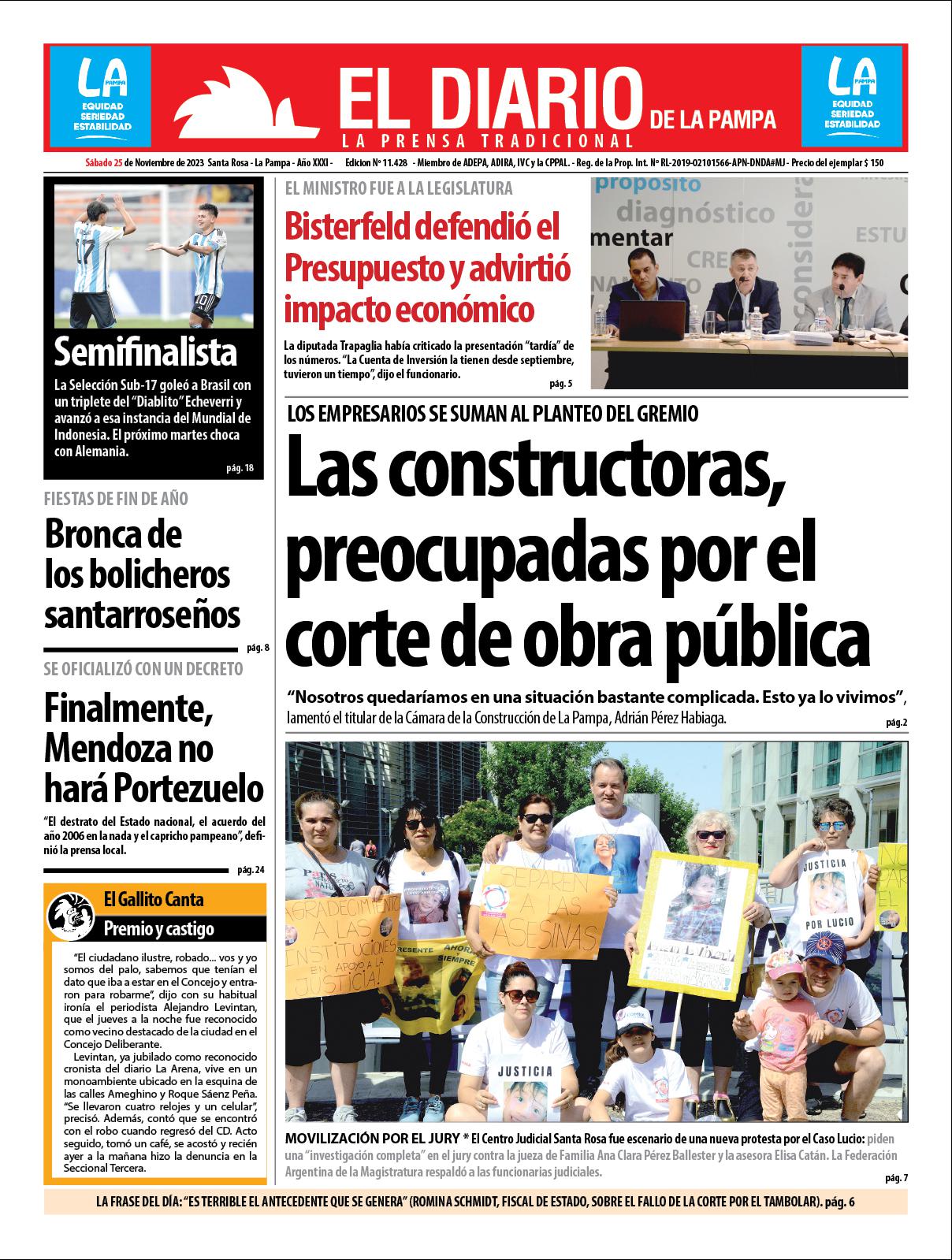 Tapa de El Diario en papel  saacutebado 25 de noviembre de 2023
